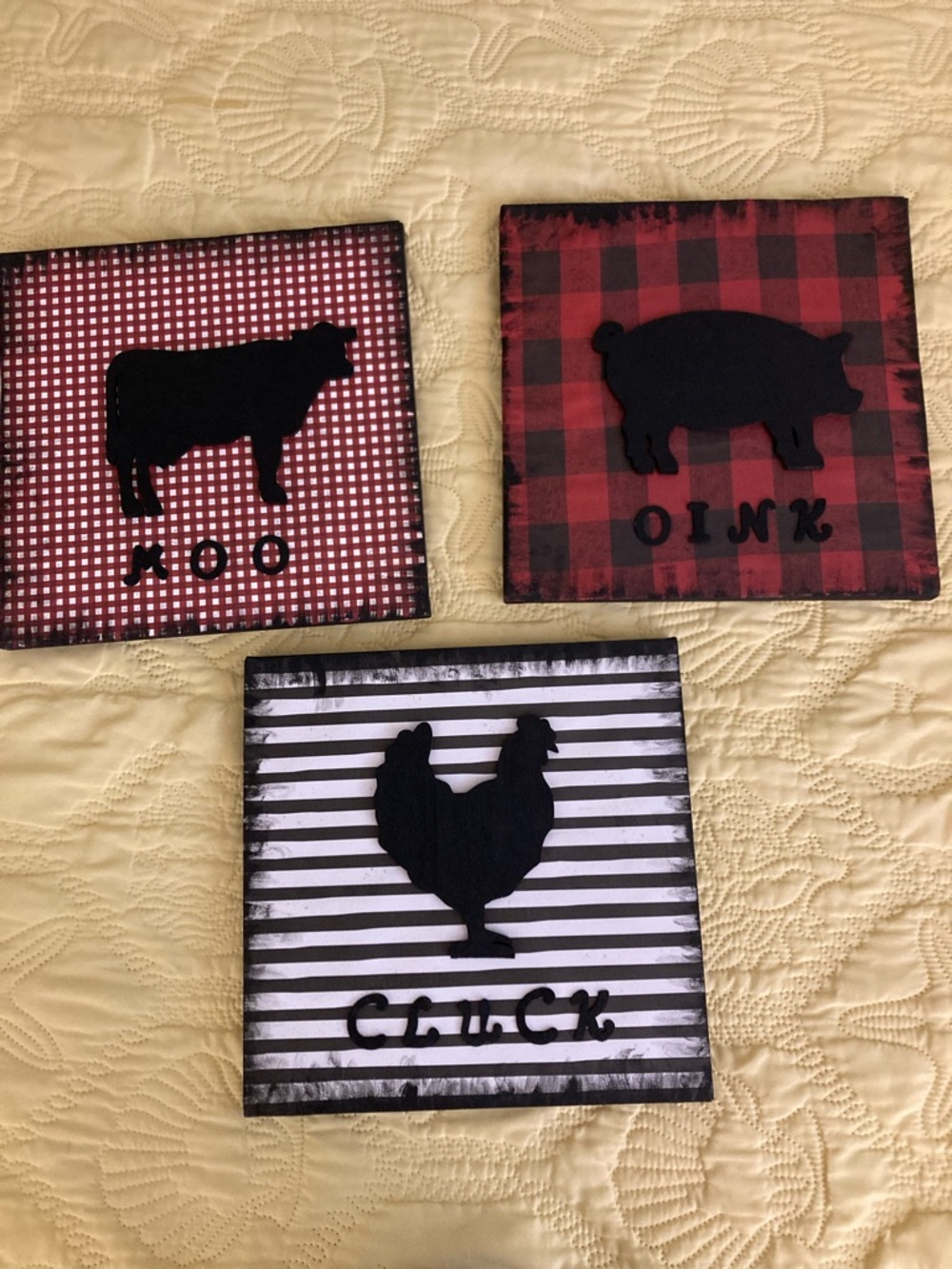 3 handmade barnyard wall artwork  12x12 paper on canvas wooden figures letters